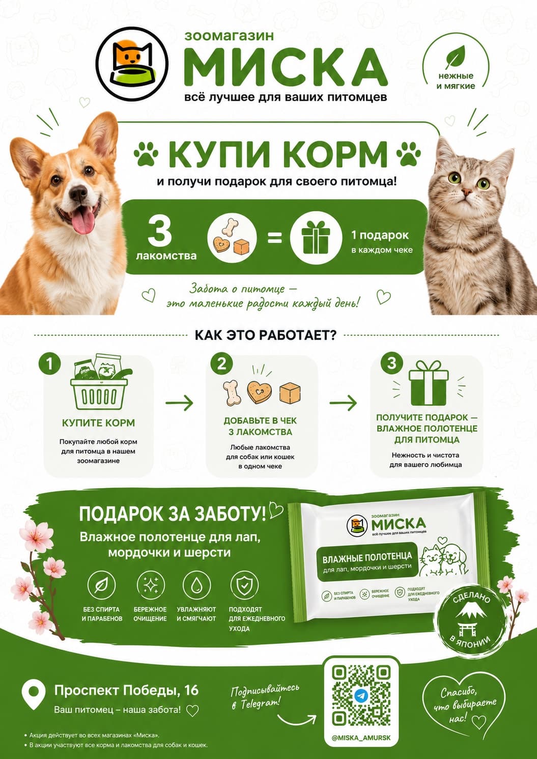 Акция магазина Миска: корм и три лакомства с подарком